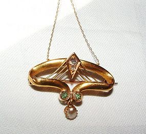Art Deco 18K Gold Diamond Peridot Pearl Pendant & Chain