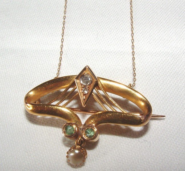 Art Deco 18K Gold Diamond Peridot Pearl Pendant &amp; Chain