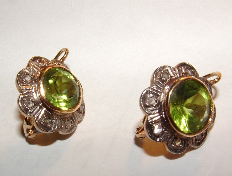 Victorian 14K Gold Peridot Diamond French Back Earrings