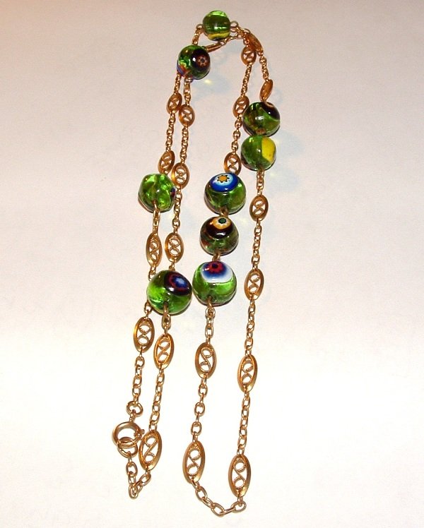 Antique 14K Gold French Chain w Murano Glass Beads