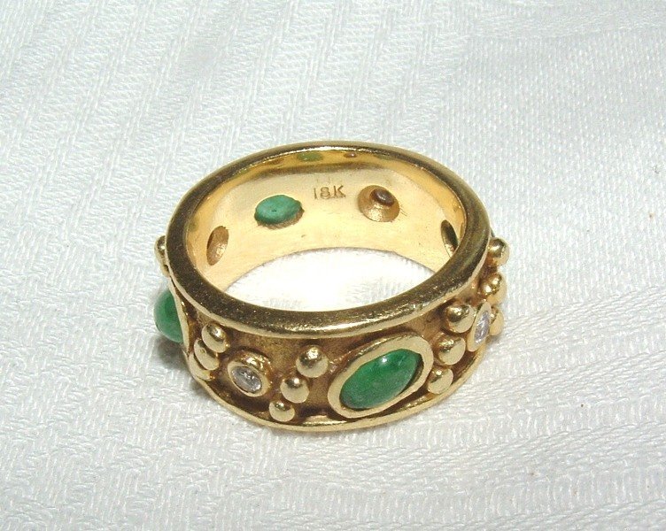 Vintage Etruscan 18K Emerald Diamond Eternity Ring