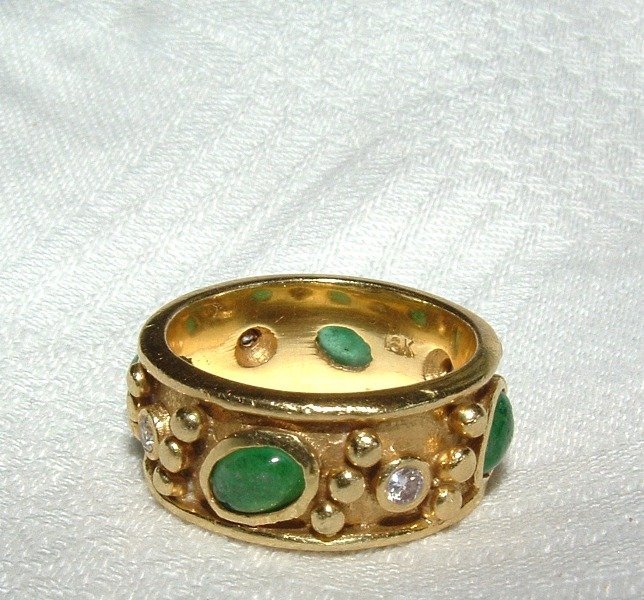 Vintage Etruscan 18K Emerald Diamond Eternity Ring