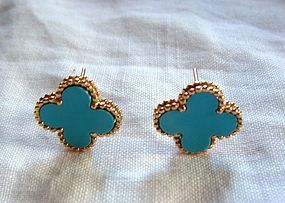 New 18K Yellow Gold Flower Clover Turquoise Earrings