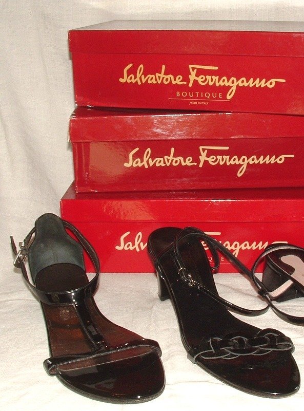 Authentic FERRAGAMO Patent Leather Ankle Strap Sandals