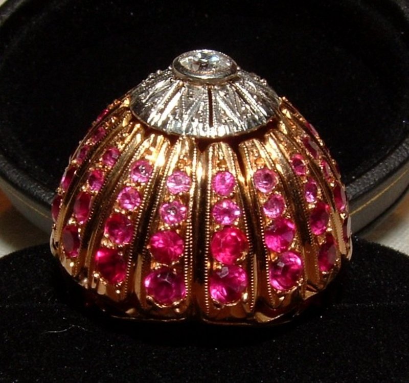Deco 14K Gold Diamond and Ruby Dome Ring