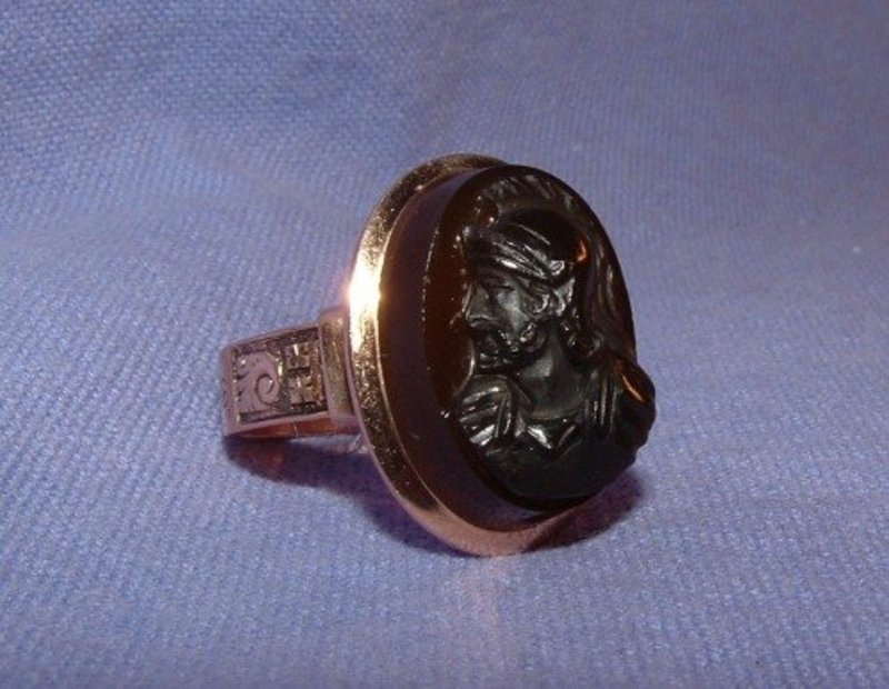 Victorian 14K Rose Gold Engraved Black Intaglio Ring