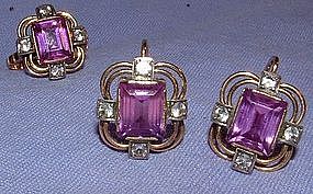 14K Gold Deco Amethyst Sapphire Earrings, Ring, Pendant