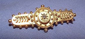 Victorian 15K Yellow Gold Etruscan Diamond Bar Pin