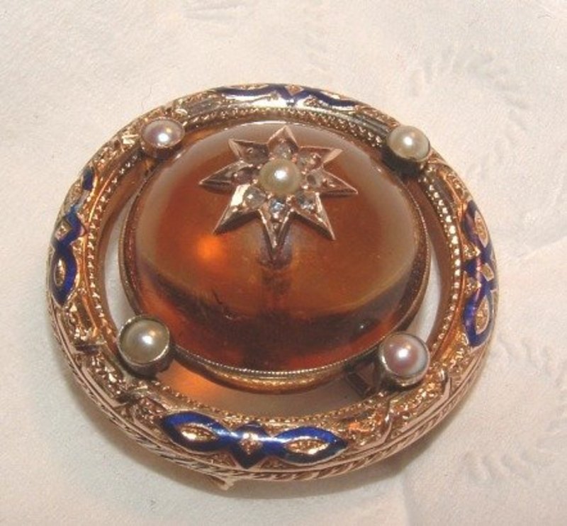 14K Gold Amber Brooch with Enamel, Pearls, Diamonds