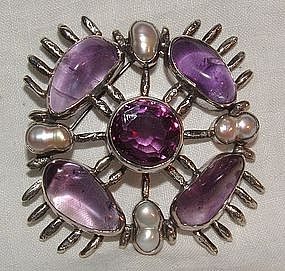 1970s Silver Amethyst Modernist Cross Pin with Pearls