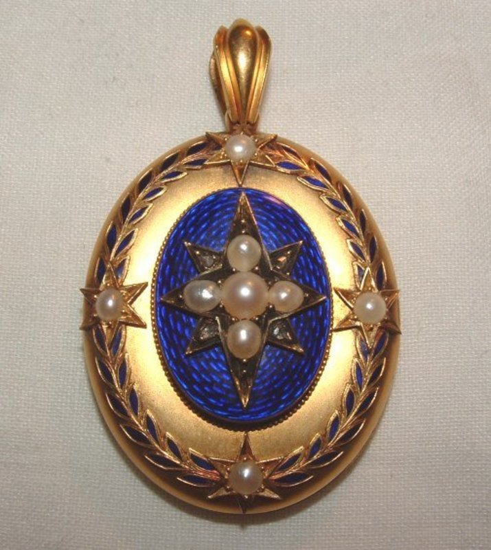 Large Victorian 18K Gold Enamel Diamond Pearl Locket