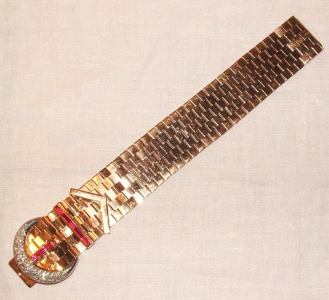 Art Deco 18K Rose Gold Diamond Ruby Buckle Bracelet