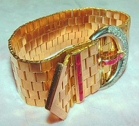 18K Rose Gold Deco Retro Diamond Ruby Buckle Bracelet
