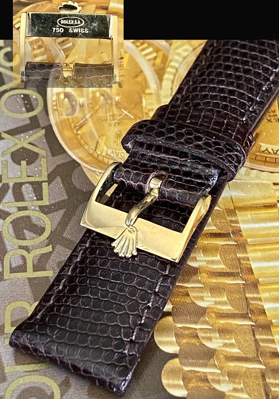 ROLEX 18k GOLD 16mm Logo Buckle 20mm Genuine TOBACCO Lizard