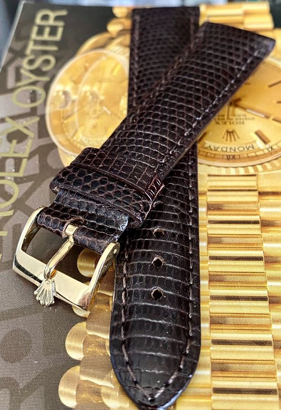 ROLEX 18k GOLD 16mm Logo Buckle 20mm Genuine TOBACCO Lizard