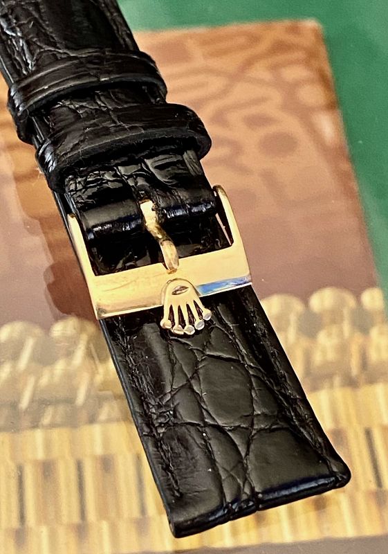 ROLEX 18k Yellow Gold 16mm Logo Buckle 19mm Black CROCODILE Strap