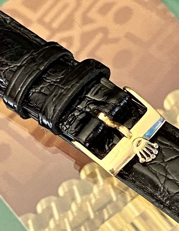 ROLEX 18k Yellow Gold 16mm Logo Buckle 19mm Black CROCODILE Strap