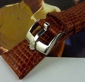 ROLEX 16mm Steel Logo Buckle Genuine LIZARD Cognac Color 20mm Strap