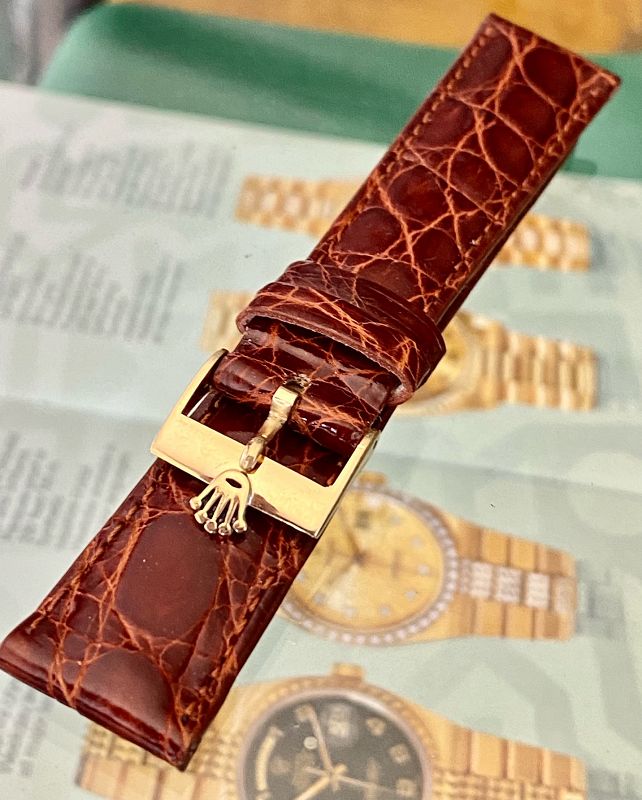 ROLEX 18k GOLD 16mm Logo Buckle Cognac Genuine CROCODILE 19mm Strap