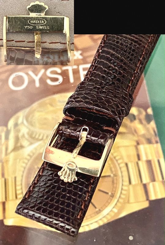 Rolex 18k GOLD Logo Buckle ROLEXSA 750 Swiss 19mm TOBACCO Lizard Strap