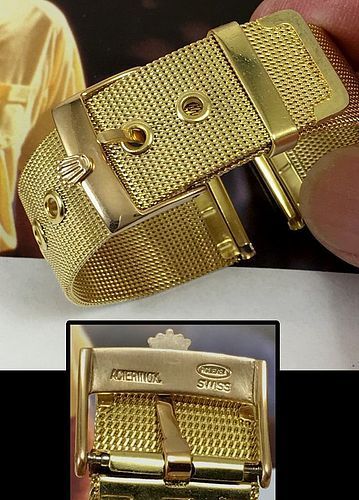 Rolex 18mm Logo Buckle placed on a generic 18k Plate 20mm Mesh Metal