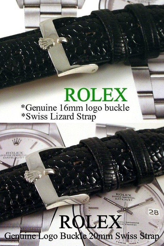 Vintage ROLEX 16mm Logo Buckle Steel 20mm Black genuine LIZARD Strap