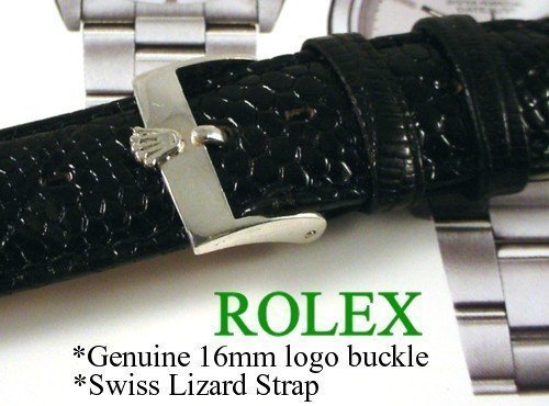 Vintage ROLEX 16mm Logo Buckle Steel 20mm Black genuine LIZARD Strap