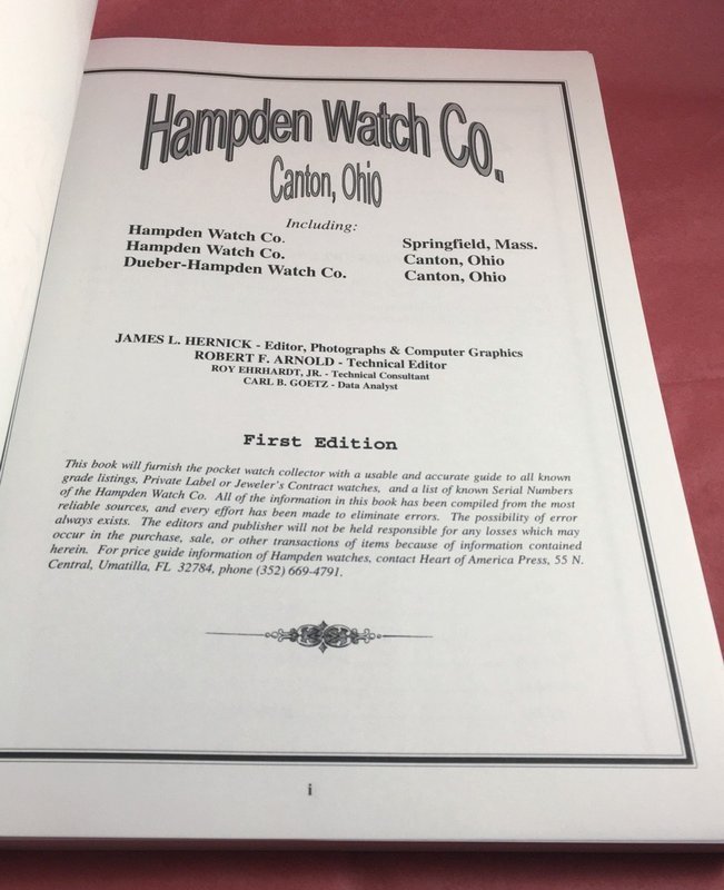 HAMPDEN W.Co. Identification Guide 97 Pgs. 1st Edition Roy Ehrhardt