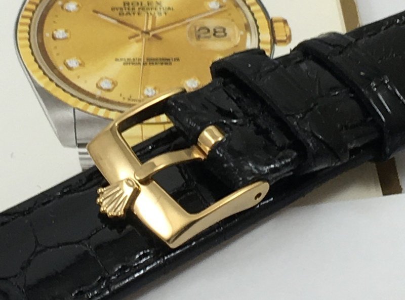 ROLEX DATEJUST 18k Gold Plate 16mm Buckle 20mm Black CROCODILE