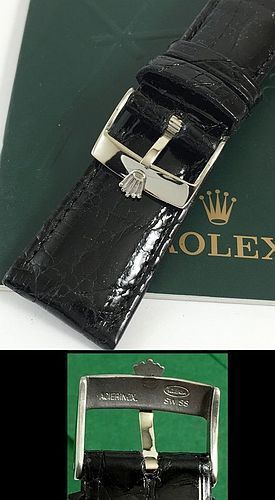 ROLEX DATEJUST II 18mm Steel Logo Buckle 22mm Black Genuine CROCODILE