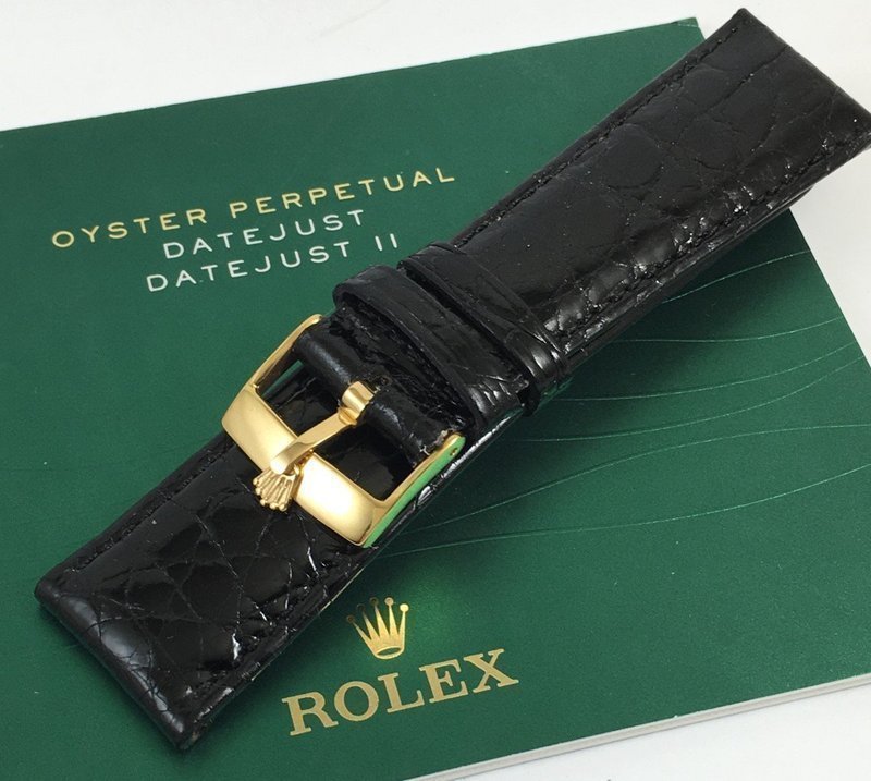 ROLEX DATEJUST II 18mm Yellow Logo Buckle 22mm Black Genuine CROCODILE