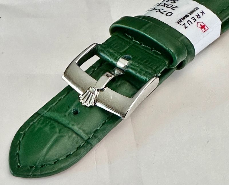 ROLEX 18mm Logo Buckle Steel 20mm GREEN Leather Strap SUISSE QUALITE