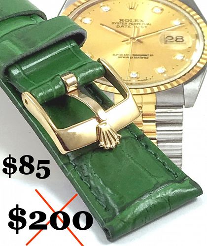 ROLEX 18mm Yellow Logo Buckle 20mm GREEN Crocodile Pattern Leather