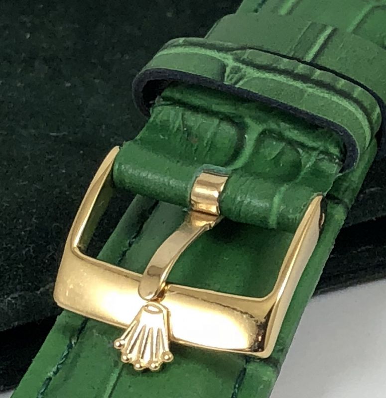 ROLEX DATE 16mm Yellow Logo Buckle 19mm  GREEN Genuine Leather Strap