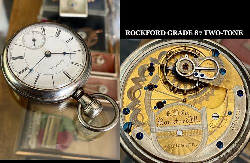 ROCKFORD GRADE 87 TWO-TONE 18 Size L/P Adjusted Nickel Glass Back 1891