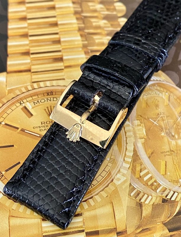 ROLEX 18k Solid GOLD Buckle on 20mm BLACK Genuine Lizard Strap