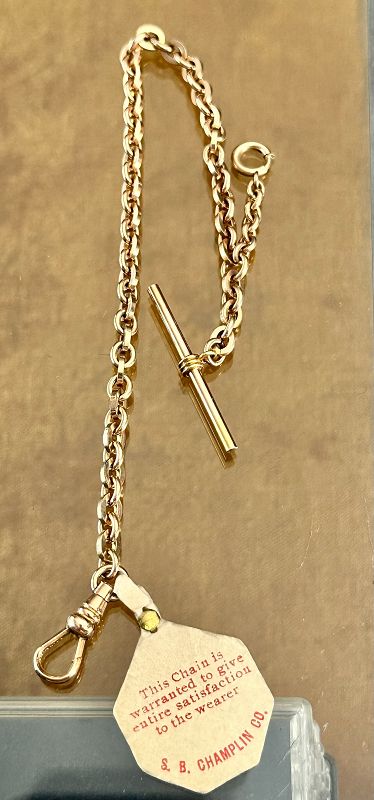 Vintage 18k Gold Filled Vest Chain &amp; T-Bar 1896 S.B. Champlin Co. NOS