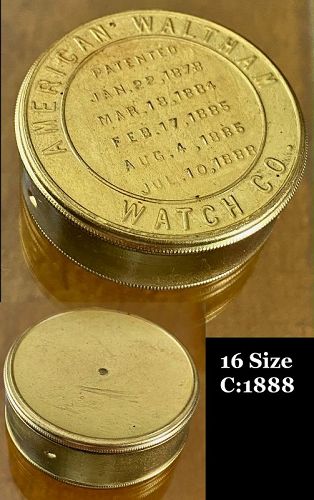 1888 AMERICAN WALTHAM WATCH Co. MOVEMENT GILT TIN 16 Size