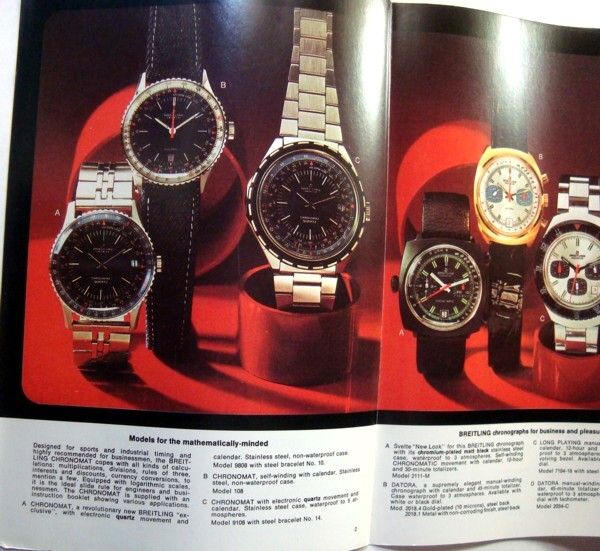 BREITLING Rare Color illustrations variations in this Brochure 1974