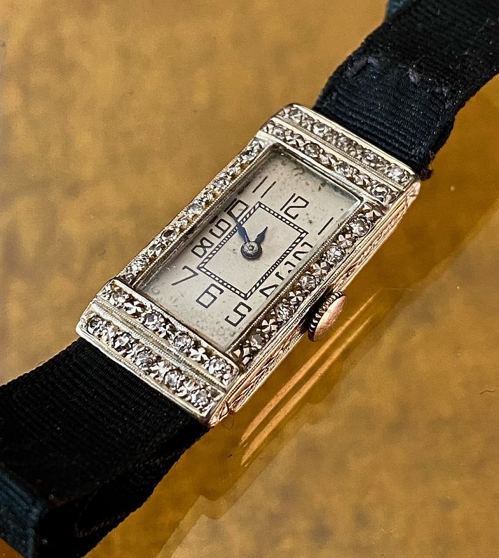 SWISS Art Deco Ladies 18k WHITE GOLD 28 DIAMOND Wrist 1922 19mm