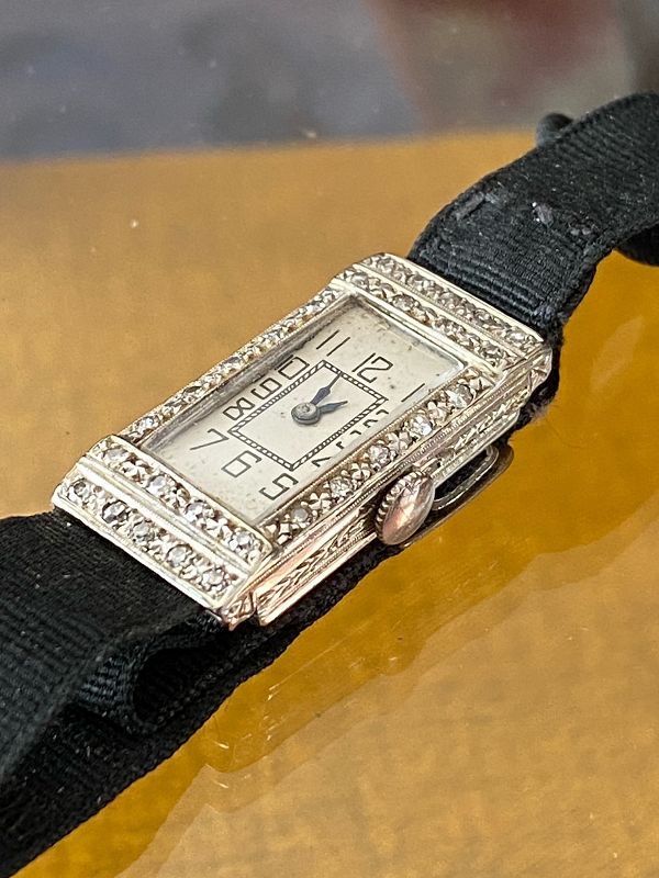 SWISS Art Deco Ladies 18k WHITE GOLD 28 DIAMOND Wrist 1922 19mm