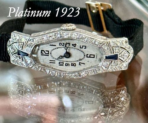 Ladies ART DECO PLATINUM Wristwatch Diamonds and Sapphires 1923