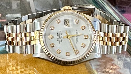 ROLEX Date Just 16233 2 Tone 18k Gold Jubilee 36mm White Diamond Dial