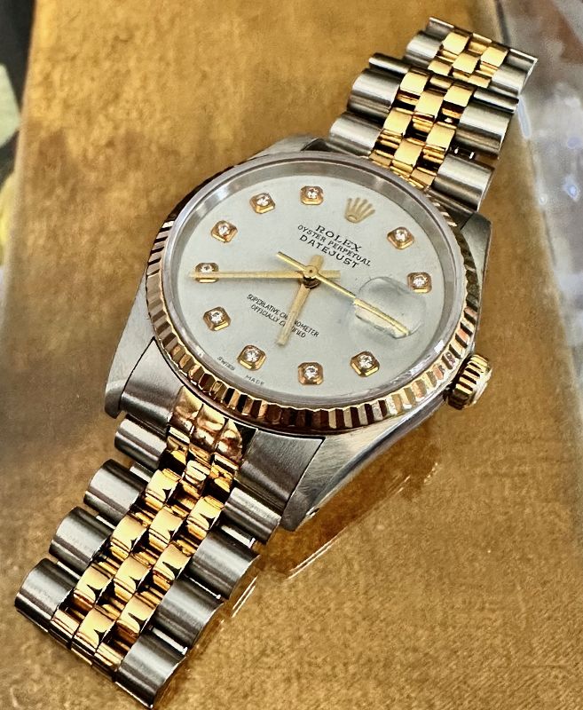 ROLEX Date Just 16233 2 Tone 18k Gold Jubilee 36mm White Diamond Dial