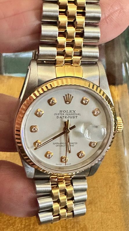 ROLEX Date Just 16233 2 Tone 18k Gold Jubilee 36mm White Diamond Dial