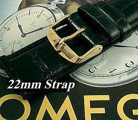 Omega Gold Plate Logo Buckle 22mm Black African Croco Strap  C: 1972