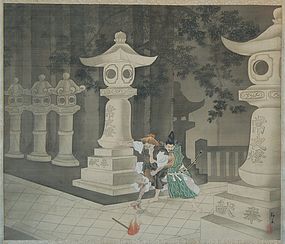Scroll, painting, silk, Tadamori catching the oil thief, Japan