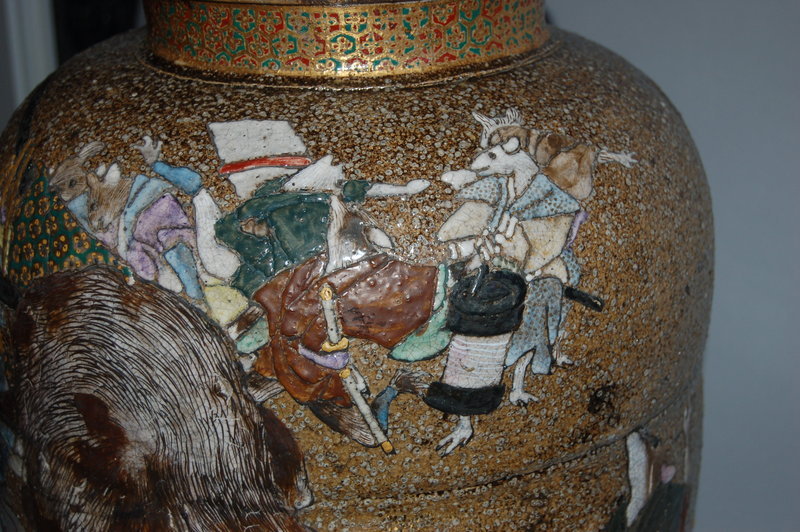 Shigaraki stoneware storage jar, cat &amp; mice, Japan 20 c