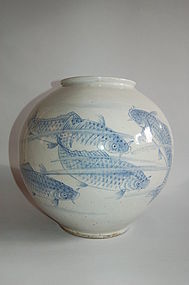 Moon jar, swimming carp, stoneware underglaze blue, Korea