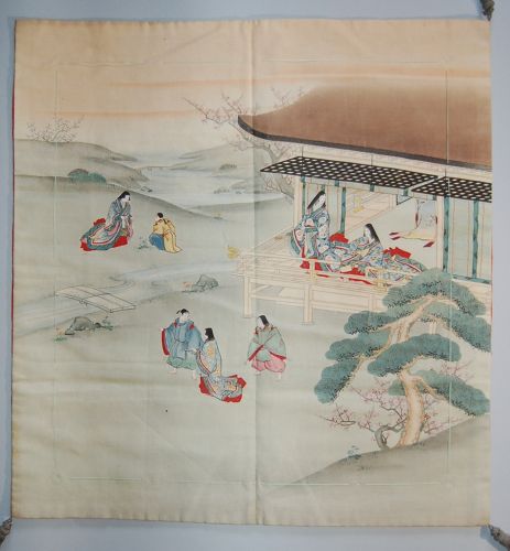 Hand-painted and embroidered silk fukusa cover, Genji, Japan Meiji